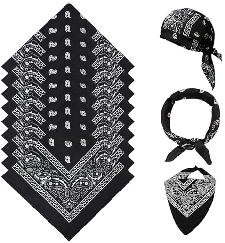AOMIG Bandana-huvudsjal för män och kvinnor, 12-pack snygga cowboypannband Näsduk, multifunktionshårhalsduk Paisleytryck unisex-huvudinpackningar, ansiktstäckande haklappar för ansiktet för motorcykling (12PCS-Svart)