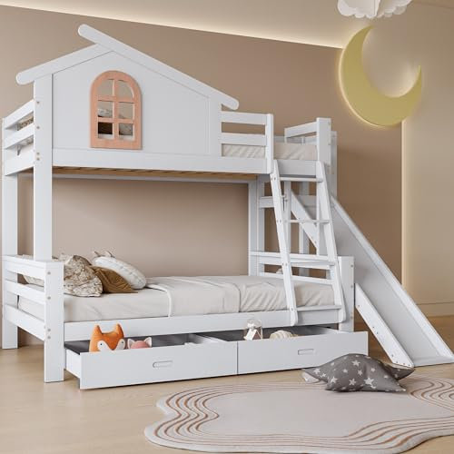 kubeier Letto a Castello 90x200cm + 120x200cm con Caratteristiche finestre e Scala Basculante a Quattro gradini, Letto per Bambini e per Mamma con Scivolo, con Due cassetti, Bianco