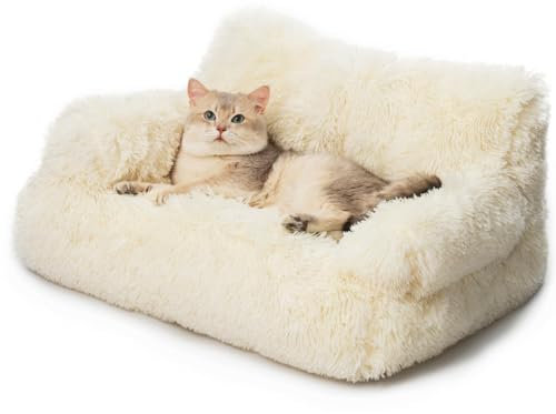 MEWOOFUN Elegante letto divano per gatti grande per gatti da interno, divano in peluche lavabile, letti per cani di piccola taglia, morbido calmante con fondo antiscivolo, beige