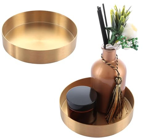YAYODS Lot de 2 plateaux de service ronds dorés de 14 cm - Décoratif en acier inoxydable - 3 cm de haut