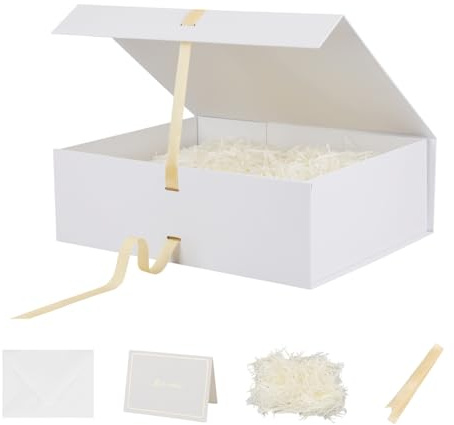 BoxSkivra Große weiße Geschenkbox mit Band, 41,9 x 33 x 13 cm, extra große Geschenkbox mit Deckel, Magnetverschluss, rechteckig, faltbar, Luxus-Geschenkbox für Hochzeitskleid, geschreddertes