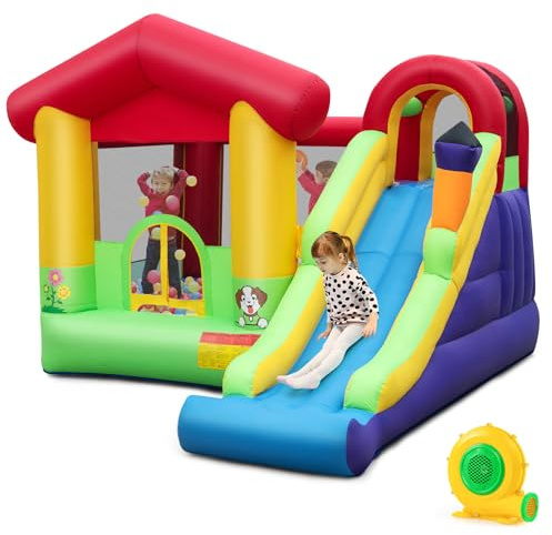 COSTWAY Inflatable Bouncy Castle, Kids Bounce House with 680W Blower, Long Slide, Climbing Wall, Ocean Balls, Blow up Trampoline Jumper for Indoor Backyard Playground