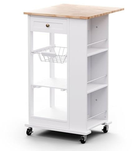 Blumfeldt Carrello Cucina – Carrello da Cucina con Ruote, Piano di Lavoro Estensibile, Cassetto & Ripiani Aperti, Carrello Portaoggetti Mobile con Rotelle, Design Moderno, 50x37x86,5 cm