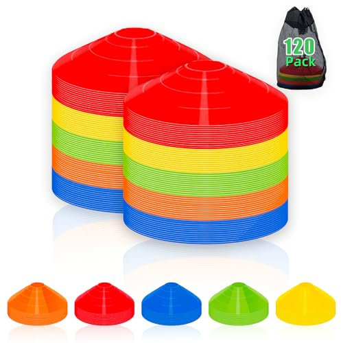 CLEAN PIONEER Agile Soccer Cones (Pack of 120)- Premium Disc Cones with Portable Bags & Strap,Sports Cones Used for Football,Basketball and Sport Practice Equipment, Multi-Color Soccer Training Cones
