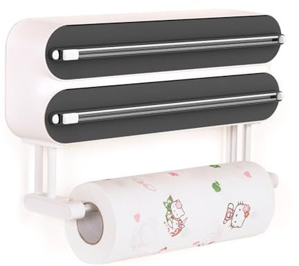 3 in 1 Frischhaltefolienspender mit Küchenrollenhalter - Küchenrollenhalterung mit Cutter - Küchenrollenhalter Ohne Bohren - Wandrollenhalter Küche - Folienschneider - Alufolienspender und Frischhalte