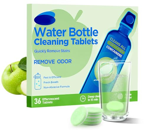 36PCS Water Bottle Cleaning Tablets, Bottle Cup Clean Sterilising Steriliser Tablet Descaler Reservoir Cleansing for All Plastics, Stainless Steel and Glass Drinking Containers, Apple Flavor