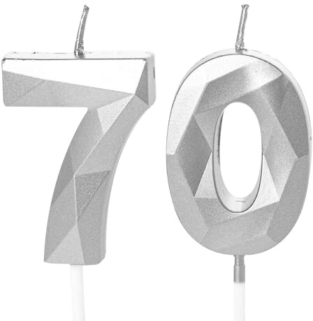 70th Birthday Candles, Silver Number 70 Happy Birthday Candles, Cake Topper Decorations for 70 Year Old Birthday Party Wedding Anniversary Celebration Supply Silver