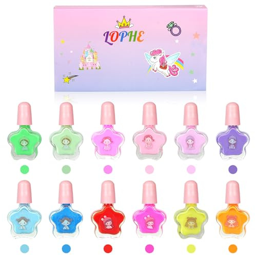 LOPHE Kinder Nagellack Set auf Wasserbasis, 12-Farbiger Kindernagellack, Ungiftiger und Geruchloser Abziehbarer Nagellack Kinder auf Wasserbasis, Schnell Trocknender Nagellack Mädchen