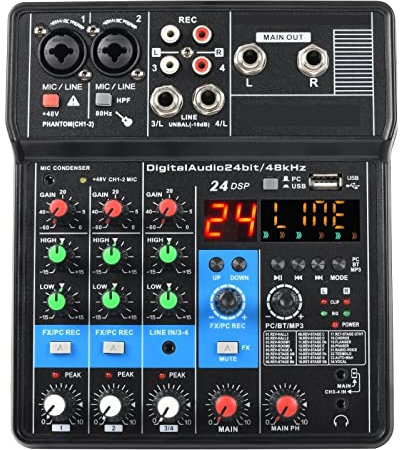 Mezclador de audio profesional Mezclador de sonido de 4 canales, función , 24 efectos, USB, grabación de computadora, reproducción en vivo, consola mezcladora de transmisión para grabación de estudio