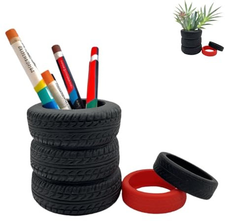 KKpxafl 1 Pcs Tire Shaped Planter Pen Holder and 2 Mini Tire Decoration Tire Shaped Pencil Holder Succulent Cactus Planter Pot for Desk Home Office Accessories Organize