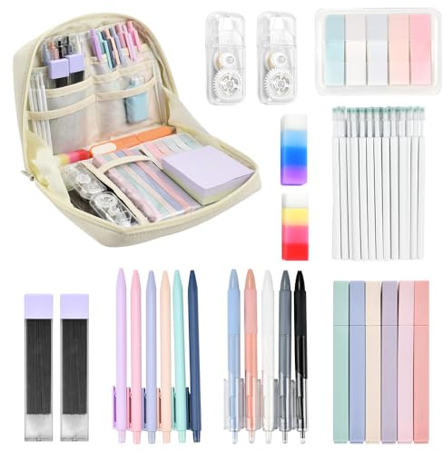 XRPRPX Ästhetisches Schreibwarenzubehör mit Stiftetui, 6 Druckbleistifte, 6 Pastell-Textmarker, 5 Tintengelstifte, 2 Korrekturband, 2 Radiergummis, 20 Tintengelstift-Nachfüllminen und 0,5 und 0,7 mm