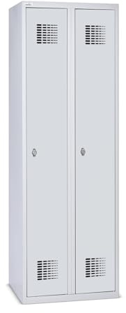 Steinbock Spind 2 Abteile | H180xB60xT50 cm | Lichtgrau | Drehriegelverschluss für Vorhängeschloss | Metallspind inkl. Einlegeboden, Kleiderstange, Namensschild | Schließfachschrank