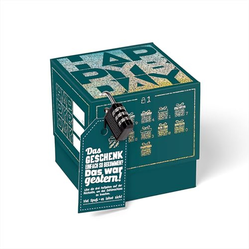 SURPRISA Rätselbox - Geldgeschenke Geburtstag, Rätsel Geschenkbox Gutschein | Geschenkverpackung Geldgeschenke, Gutscheine, Geburtstag, Motiv: Happy Bday-Rätsel, Petrol mit Glitzerfolie, Größe S (12 cm)