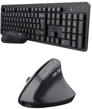 Trust Ymo II Pack Teclado y Ratón Inalámbrico QWERTY Español + Yuno Ratón Vertical Ergonómico Inalámbrico Recargable, Reducir la Tensión en Brazos y Muñecas, PC Ordenador Portátil Mac