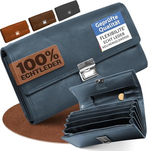 FLEXIBILITE Kellner Geldbörse Kellnerportemonnaie Echt Leder [2026] RFID (18,5 x 9,5 x 4,5 cm) | Kellnerbörse Kellnergeldbeutel aus Leder | Bedienungsgeldbeutel Taxi Portemonnaie Blau