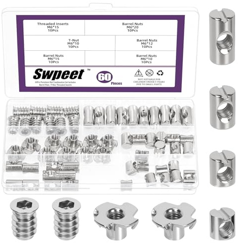 Swpeet Lot de 60 écrous cylindriques M6×10/12/15/20 plaqués nickel avec inserts filetés et écrous en T kit d'assortiment, chevilles transversales écrous rainurés, écrou en T à 4 branches, écrous de