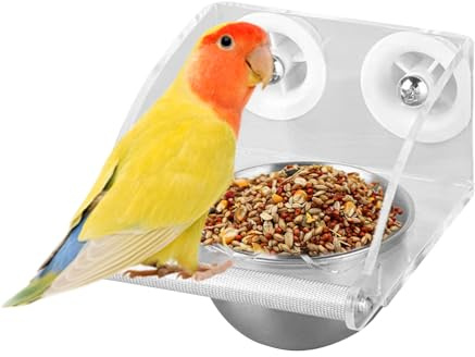 Mangiatoia per uccelli per gabbia, contenitore per cibo per pappagalli, in acciaio inox, trasparente, con posatoio, portico, fringuelli, parrocchetti, piccioncini, conuri, terrazze da giardino