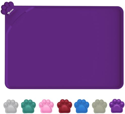 wasserdichte Napfunterlage für Hunde und Katzen, 48x30cm (Lila) | Silikonmatte, rutschfeste Tierfuttermatte, wasserdichte Hunde- und Katzenplatzmatten mit erhöhten Rändern
