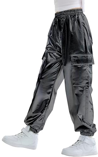 Rolanko Ragazze Pantaloni Cargo Metallizzati, Hip Hop da Ballo Streetwear con Vita Elastica per Bambini, Nero, Taglia: 13-15 Anni/170