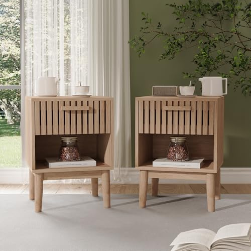 Mesita de noche, juego de 2 piezas, mesita de noche moderna con cajones, puerta de almacenamiento, cómoda para dormitorio y sala de estar, madera (color madera, 55 x 40 x 35 cm)