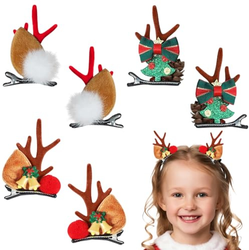 Kirzax Lot de 6 bandeaux de Noël avec oreilles de renne, accessoires pour cheveux de Noël pour femmes, enfants, adultes, fête du Nouvel An