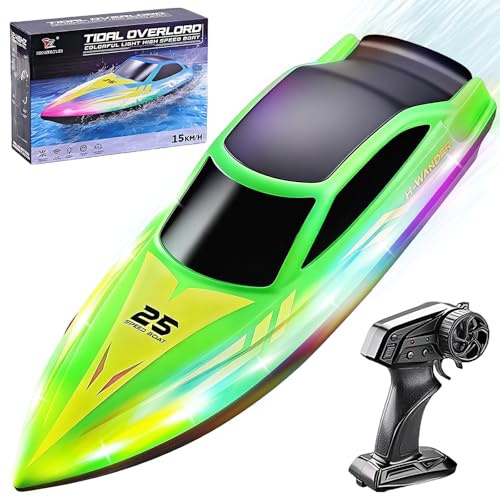 OBEST Bateau Télécommandé avec Lumière LED pour Enfants,2,4 GHz Bateau de Course RC Haute Vitesse pour Lacs/Piscines/Étangs,Récupération de Chavirage,Jouet Aquatique Cadeau pour Garçons et Filles