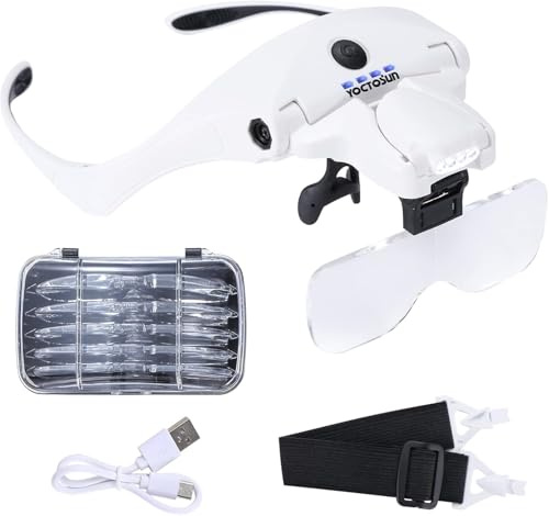 Lupenbrille mit Licht, USB Ladung mit 4 LED Licht und 2 Einstellbarer Helligkeit, Stirnlupe mit Beleuchtung, Lupenbrille für Brillenträger, Kopflupe 5 Linsen 1,0X 1,5X 2,0X 2,5X,3,5X