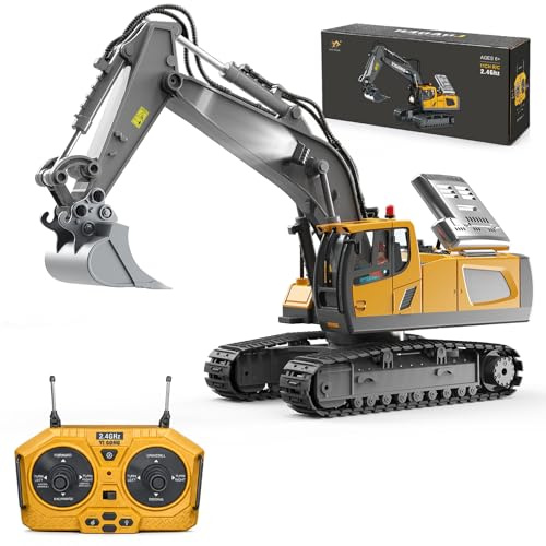 YESHIN Ferngesteuert Bagger, 1:20 RC Metall Bagger Spielzeug für Kinder | 11 Kanal, 2.4GHz Fernbedienung, 680° Rotation, Licht & Sound, USB Aufladung, Geburtstagsgeschenk für Kinder ab 6 Jahre