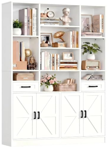 IRONCK Bücherregal Bücherschrank mit Türen & Schubladen, Regal Holz mit 10 verschiedengroße Fächern, Einstellbar Hochschrank Vitrinenschrank Standregal Wohnzimmer Büro Schlafzimmer 108x30x190cm Weiß