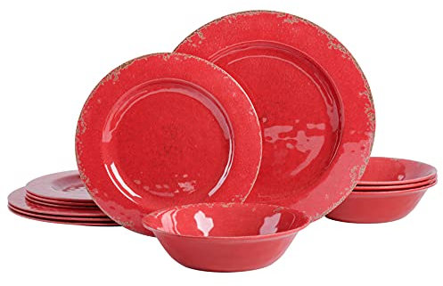 Laurie Gates by Gibson Mauna Melamine Dinnerware Set, Service for 4 (12pcs), Red Rustic