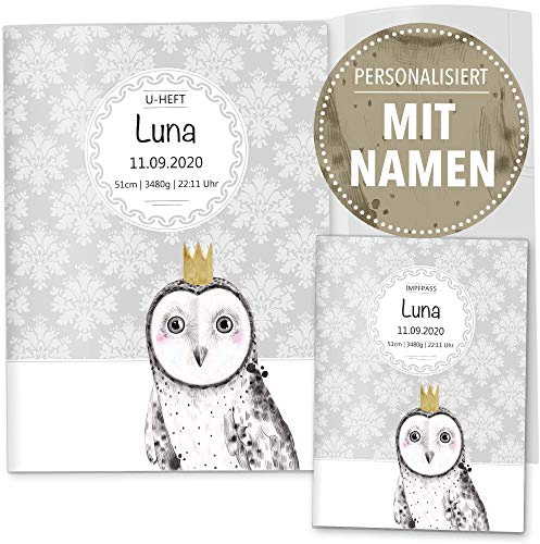 OLGS U-Heft und Impfpasshüllen 3-teiliges Set | Black & White Eule | Hüllen für den Untersuchungsheft und Impfpass personalisierbar mit Namen (Uhefthülle, Impfpasshülle, personalisiert)