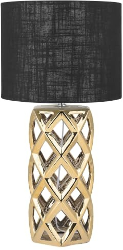 Beliani Tischlampe Keramik geometrisch gold mit Stoffschirm Trommelform schwarz Sejla