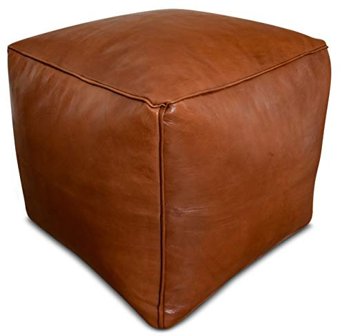 See the Good Quadratischer Leder Pouf - Handgefertigt - gefüllt geliefert - Ottoman, Sitzsack, Fußhocker (Karamellbraun)