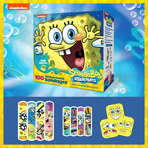 Spongebob Kids Bandages, 100 ct | Wear Like Stickers, Adhesive Bandages for Minor Cuts, Scrapes, Burns. Easter Basket Stuffers for Kids & Toddlers
