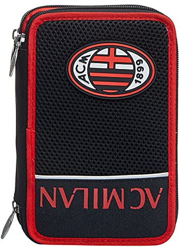 Seven AC Milan Federmäppchen, Federtasche für Schreibwaren, Etui komplett mit Bleistiften, Filzstiften, Schulmaterial, mit 3 Fächern, Mädchen, Schule - Grundschule, XXL Fußball rot schwarz