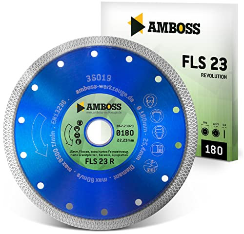 Amboss Diamant Trennscheibe FLS 23R - extra dünne Diamant-Trennscheibe (1,8 mm) | Ø 180 mm x 25,4 mm - Fliesen/extra hartes Feinsteinzeug/harte Granite/Keramik | Segmenthöhe: 10 mm