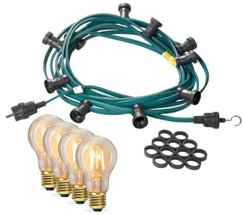 Illu-/Partylichterkette Außenlichterkette ultra-warmweißen LED Filamentlampen GERMANY (Grünes Kabel, 10m - 20 Lampen)