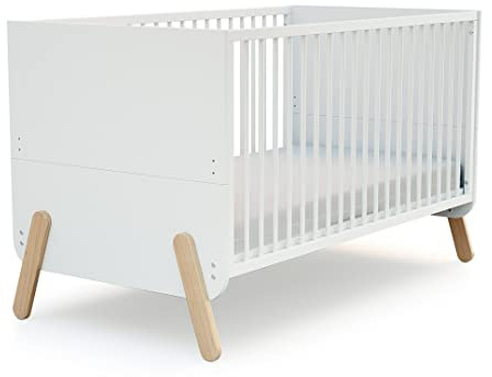 AT4 - Babybett umbaubar zum juniorbett Holz PIRATE Weiß und Buche Lackiert 70 x 140| Kinderbett Gitterbett mit Lattenrost 2 Stufen Höhenverstellbar
