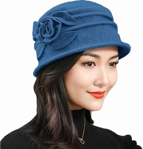 Bonnet Hiver Chaud pour Femme Chapeau Melon Vintage Femme Chapeau Cloche Élégant avec Fleur Chapeau de Seau Tricoté Chapeau d'Hiver en Cloche Chapeau Melon à Bordure Florale Béret Bonnet Hiver Bleu