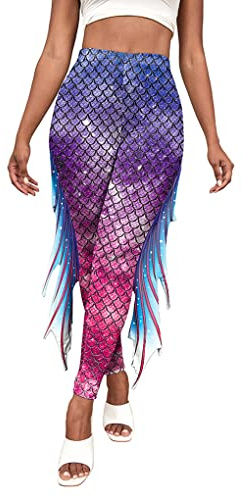 ORANDESIGNE Damen Meerjungfrau Leggings mit Flossen Hohe Taille Fischschuppen Strumpfhosen Halloween Karneval Kostüm Skinny Hose Mermaid Trousers Schuppenmuster Leggings