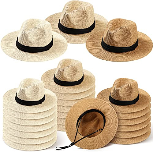 Sureio 24 Pcs Panama Straw Hats for Women Bulk Wide Brim Beach Hat Bulk Summer Sun Straw Cap for Women Men(Beige, Khaki, Cream)