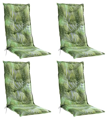 Home4You Gartenstuhlauflagen Hochlehner 4er Set - 120 x 50 cm - Grün - Baumwolle - Polyester - Palmenmotiv - Sesselauflage Sitzpolster Stuhlauflage