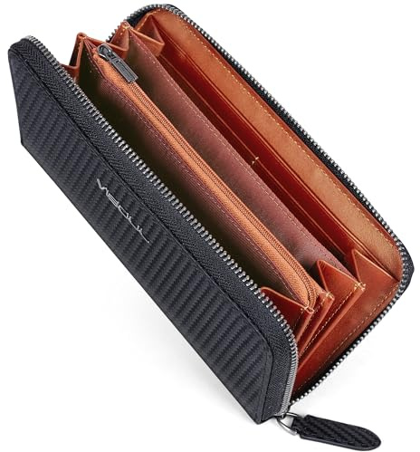 VISOUL Premium Brieftasche Echtleder Italienisches Leder mit RFID Schutz, XL Geldbörse für Herren Damen L02 (Carbon Schwarz+Rot Braun)