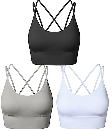 SEGRILA Strappy sport-BH för kvinnor korsad rygg yoga träning BH med avtagbara dynor, Svartvit&grå, L