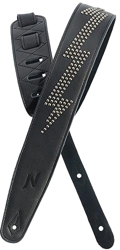 Nefelibata Vollnarbenleder-Gitarrengurt mit Schaumstoffpolsterung mit silbernen Blitznieten für E-, Akustik- und Bassgitarren(2,5 breit, Carbon schwarz)