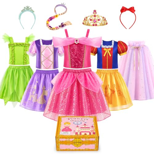 MELAND Princess Costumes for Girls, 4 Sets of Fancy Dress up Role Play Toys for 3 to 8 Year Old Toddlers Girls Gifts