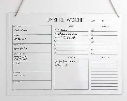 Wochenplaner Acryl A4 A3 | Wandplaner für die Woche abwischbar | Wandkalender | To Do Liste | Menüplaner | Acrylglas (A3)