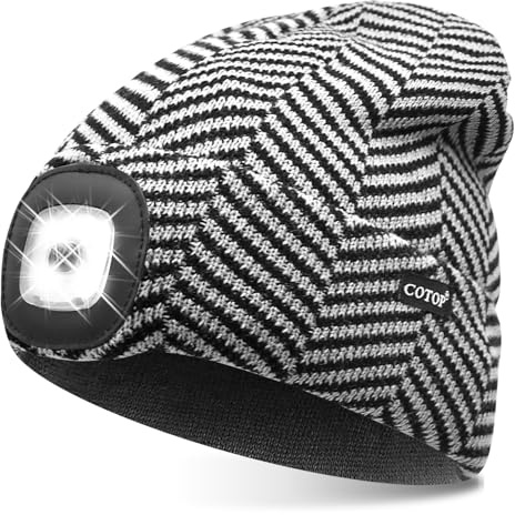 COTOP Bonnet avec Lumière, Bonnet Tricoté Chaud en Polaire, Cadeaux pour Hommes et Femmes, Bonnet Doux avec Lampe Frontale pour Randonnée, Course, Cyclisme