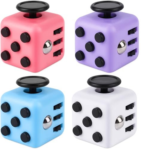 Fzyisw 4 Stück Fidget Toys Cube, Anti Stress Würfel, Anti Stress Cube mit 6 Seiten Funktion, Autismus Spielzeug für Kinder und Erwachsene Stressaubbau bei Nervösität (Weiß, Rosa, Lila, Blau)