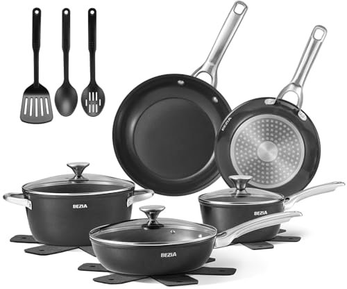 BEZIA Set di pentole a induzione, 15 pezzi, pentole e padelle antiaderenti con rivestimento in ceramica sana, set di padelle a induzione con manici e coperchi in acciaio inossidabile, adatte al forno,